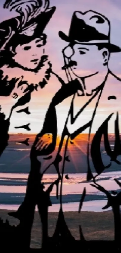Vintage silhouettes on sunset landscape with scenic view.