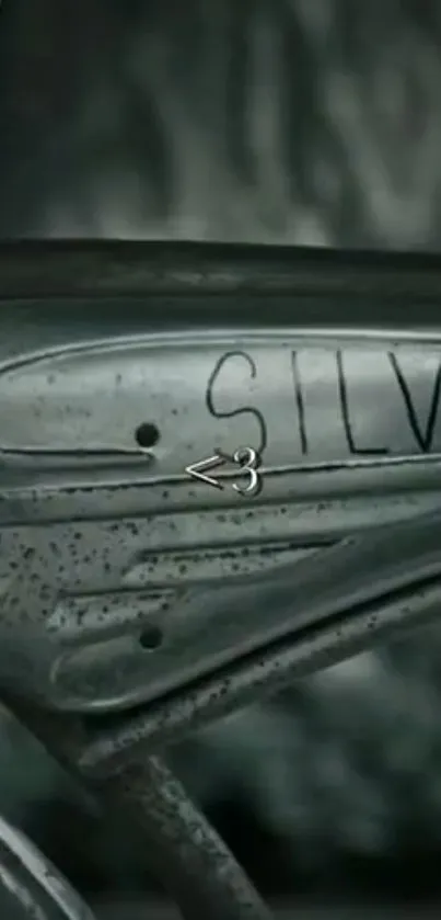 Close-up of a vintage silver bicycle frame with engraved text.