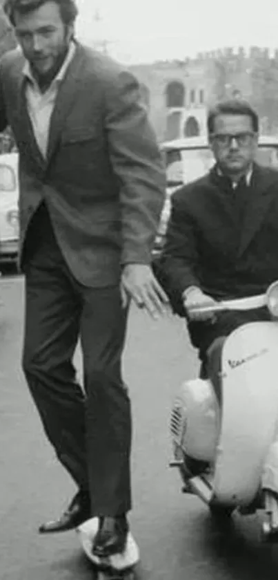 Vintage skateboarding and scooter scene in black and white city street.