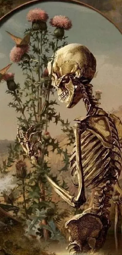 Vintage skeleton art with nature elements and surreal design.