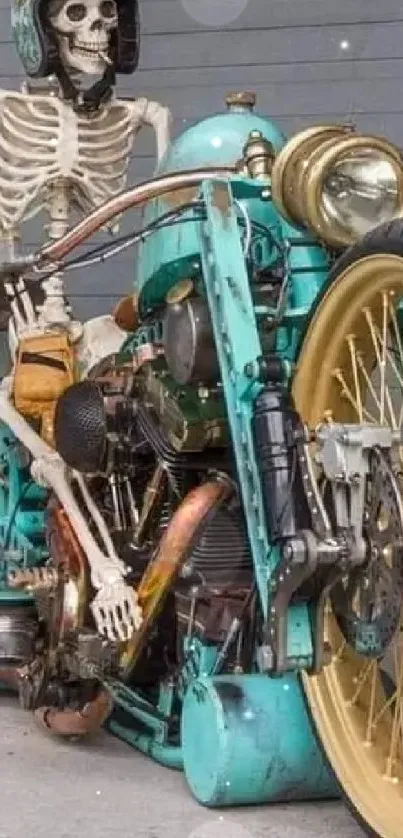 Skeleton rides vintage turquoise motorcycle. Edgy and unique wallpaper art.