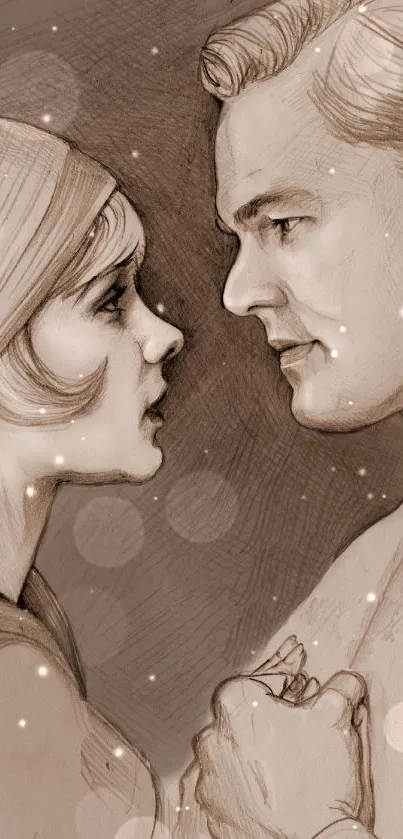 Vintage sketch of a couple in sepia tones, gazing at each other.