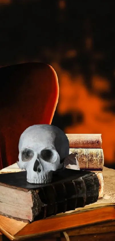 Vintage skull with books and candles wallpaper in orange glow.