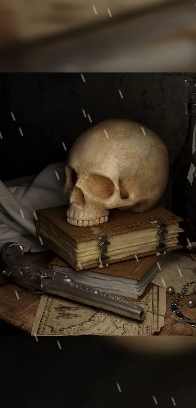 Vintage wallpaper with skull on books.