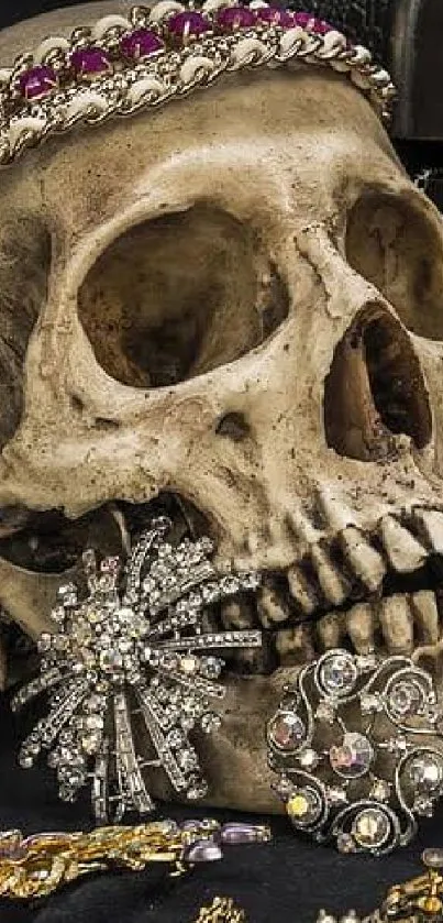 Vintage skull with jewelry on dark background.