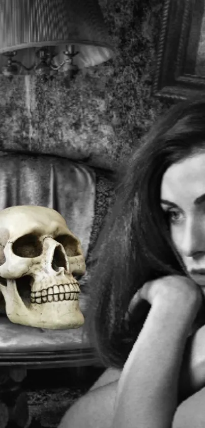 Vintage wallpaper of a woman with a skull in grayscale tones.