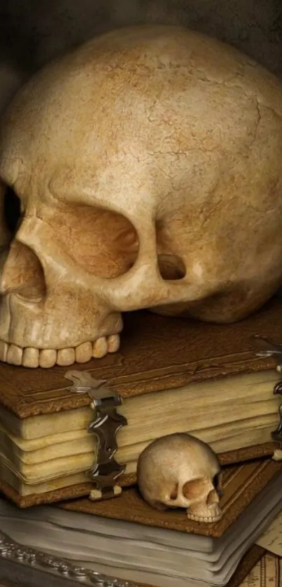 Vintage skull art with books mobile wallpaper.