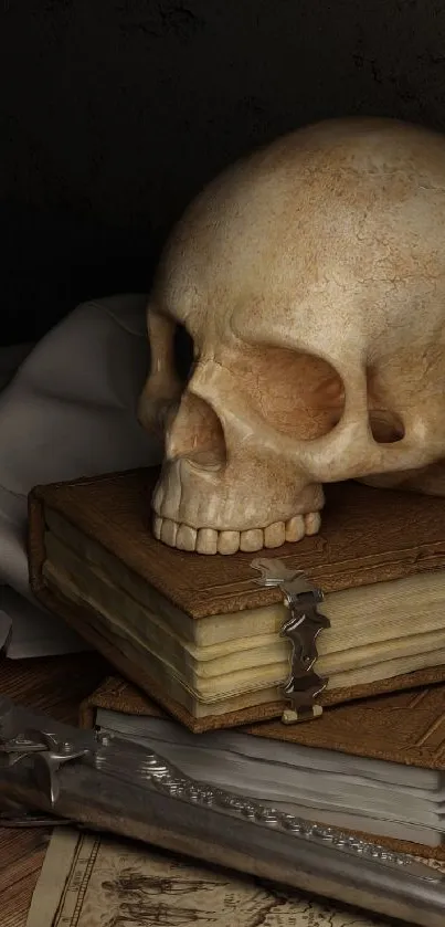 Vintage skull and artifacts on wooden tabletop in dark setting.