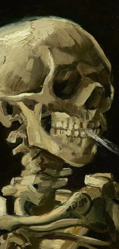 Vintage skull artwork with cigarette in mouth, dark background.