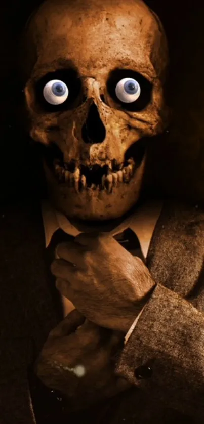 Wallpaper of a vintage skull with big eyes, dressed in a suit.