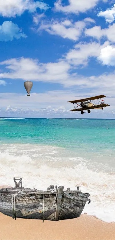 Vintage biplane and balloon over beach with rustic boat.