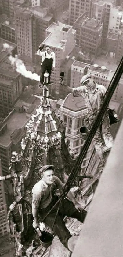 Vintage photo of workers high on a skyscraper in a city backdrop.