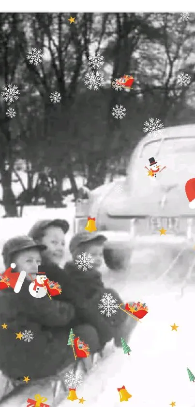 Vintage photo of kids sledding behind a car in snow.