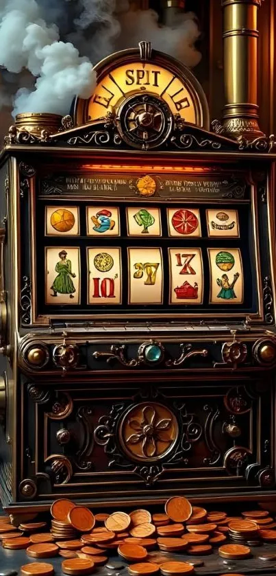 Vintage slot machine with steam and coins