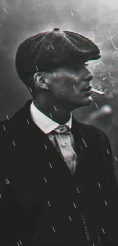 Black and white noir wallpaper of a man smoking in the rain.