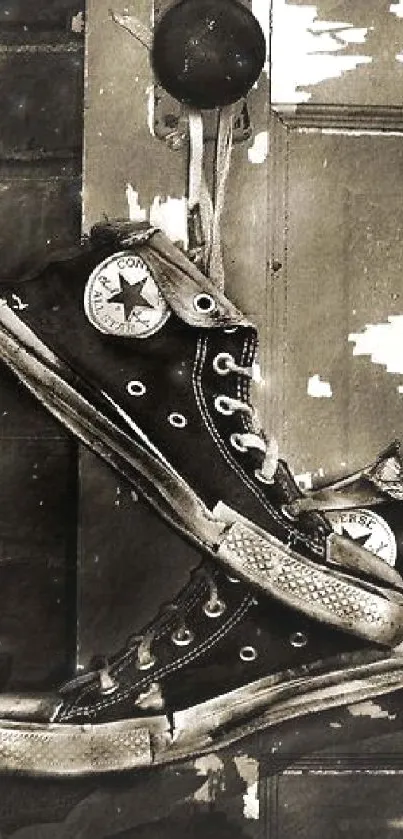 Sepia-toned wallpaper of vintage sneakers against a rustic door.