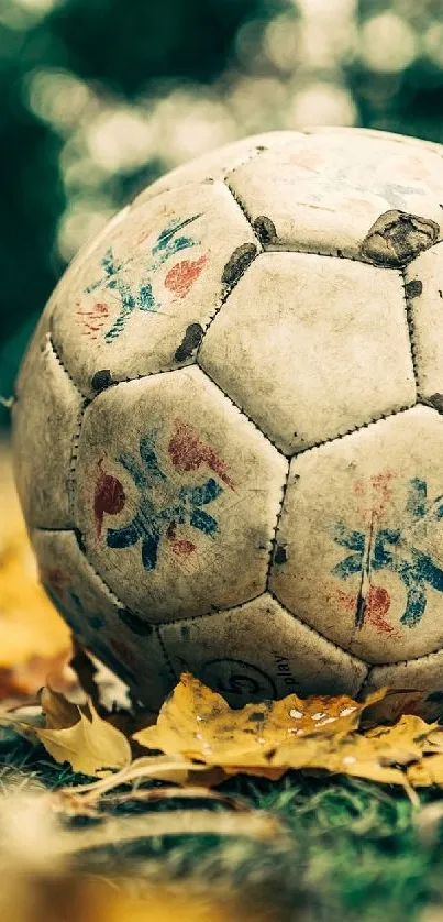 Vintage soccer ball on grass with fallen autumn leaves.