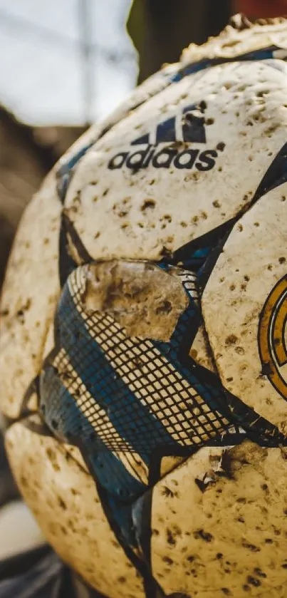 Vintage soccer ball with textured surface in outdoor setting.