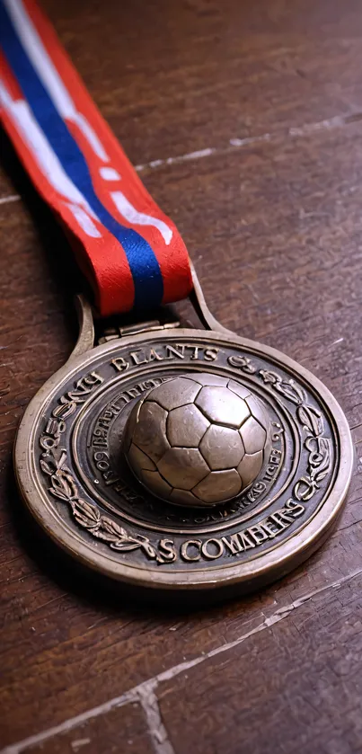 Vintage soccer medal with bronze finish on wooden background.