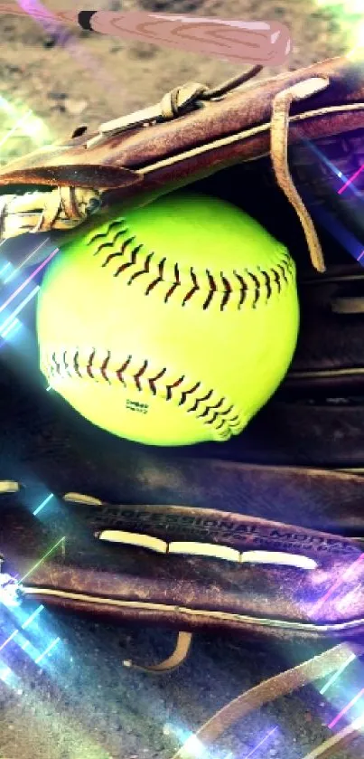 Vintage softball glove holding a neon green ball on a sandy surface.