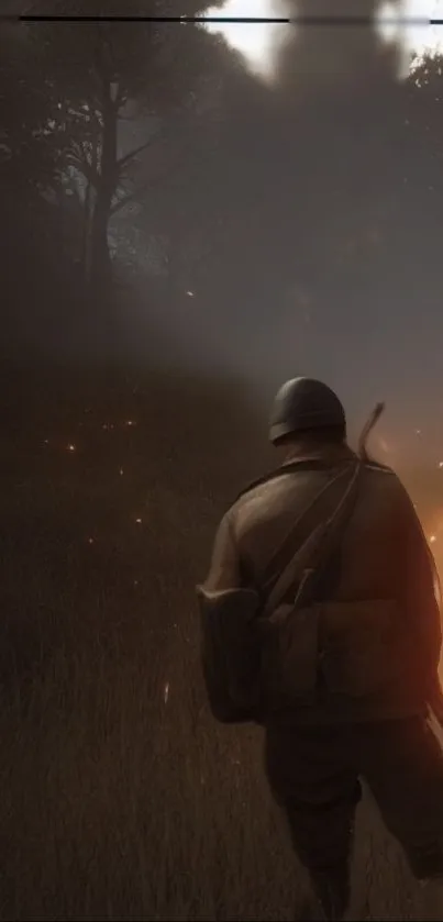 Vintage soldier in an evening glow, walking through a misty landscape.