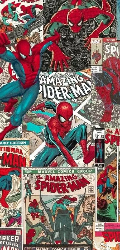 Vintage Spider-Man comic book collage wallpaper.