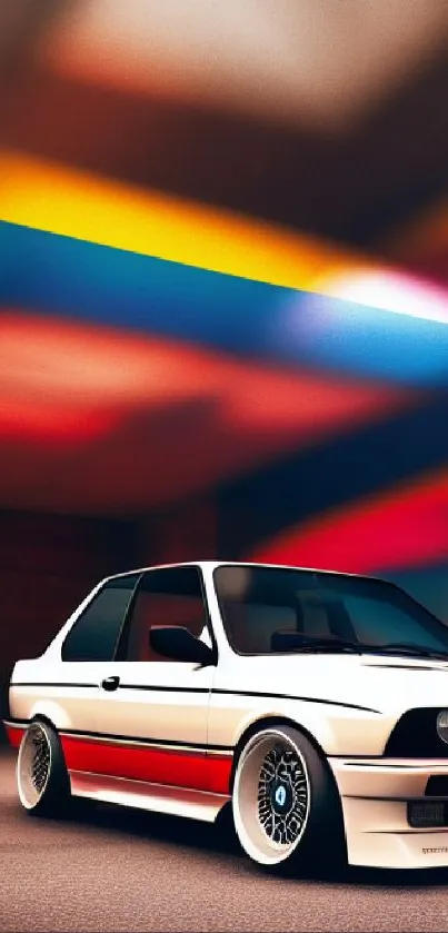 Vibrant vintage sports car with colorful background design.