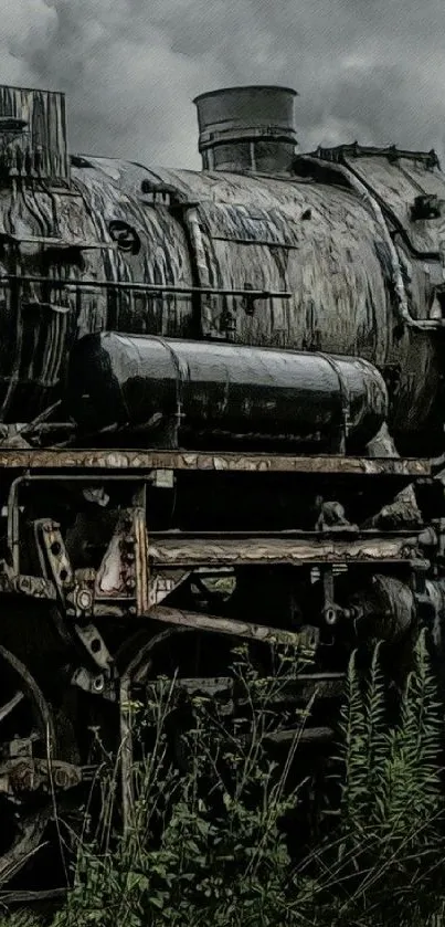 Vintage steam train in dark earth tones with artistic style.