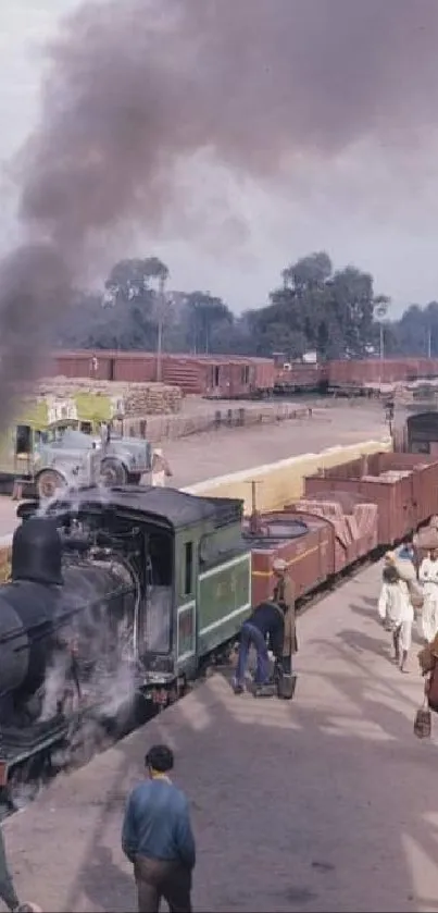 A busy vintage train station featuring a classic steam locomotive.