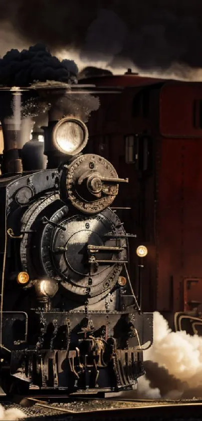 A vintage steam train emits smoke as it moves along the tracks at dusk.