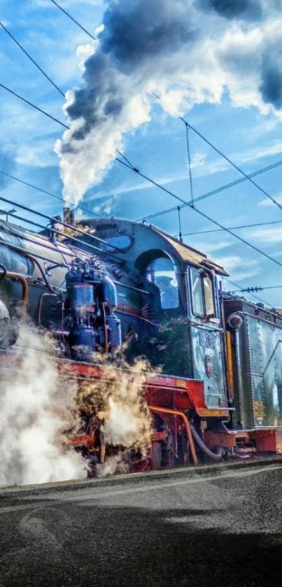 Vintage steam train under vibrant sky with smoke.