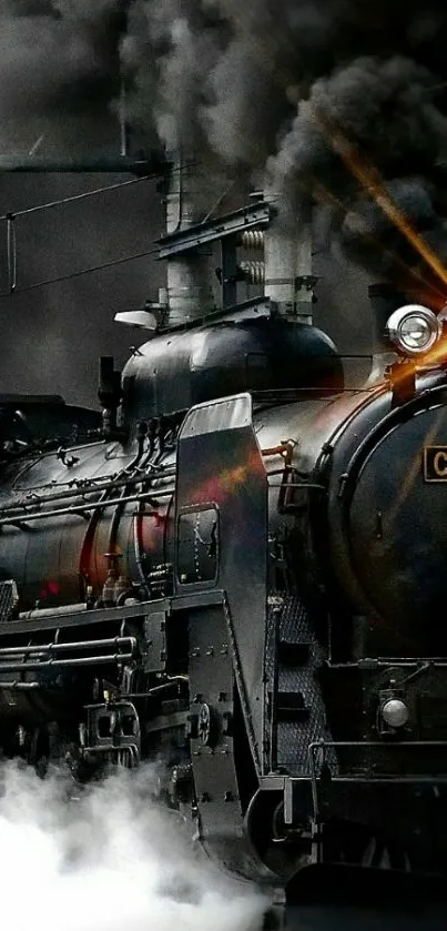 Vintage steam train emitting smoke in dynamic motion.