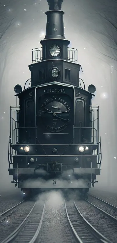 A vintage steam train on railway tracks in a misty forest setting.