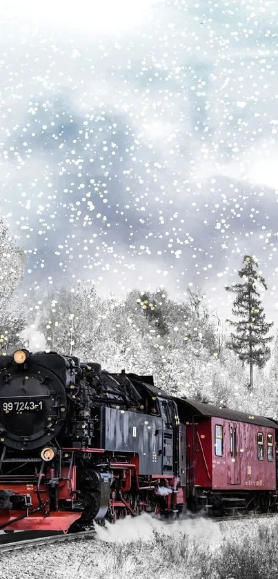 Vintage steam train in a snowy landscape.