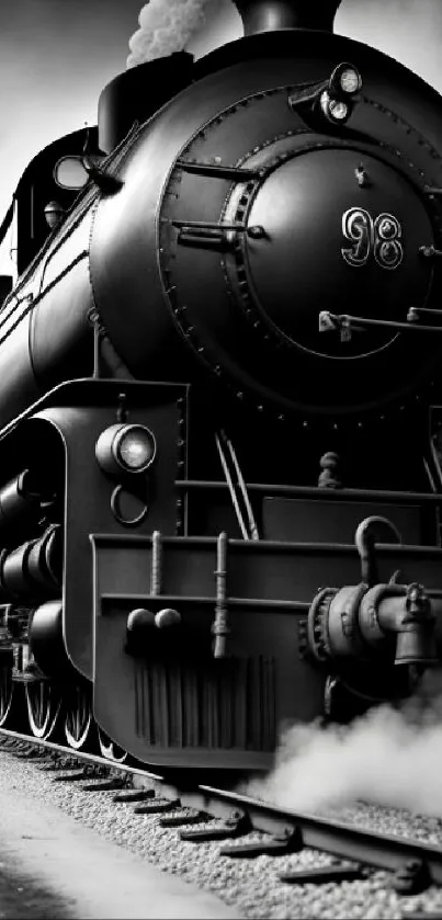 Vintage steam train in black and white, showcasing a classic locomotive on track.