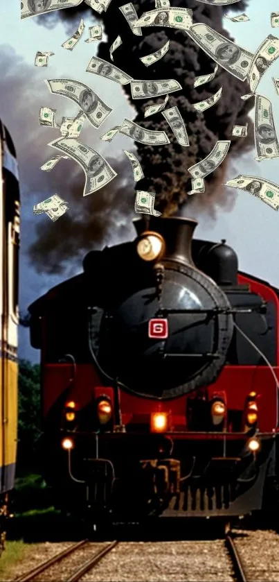 Vintage steam train with smoke billowing above on railway tracks.