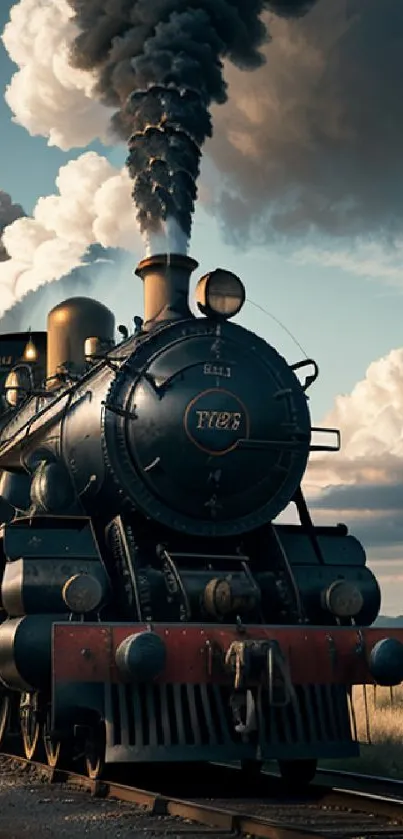 A vintage steam train emits smoke against a cloudy sky on a railroad track.