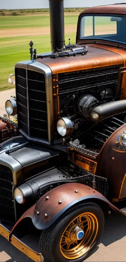 Steampunk-style vintage truck with industrial copper design.