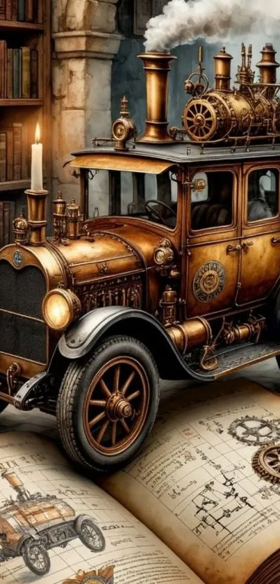 Vintage steampunk car surrounded by books with detailed engine diagrams.