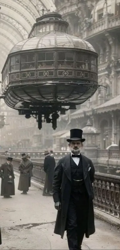 Vintage scene with a steampunk airship and grand architecture.