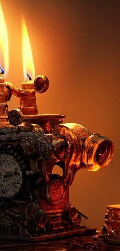 Vintage steampunk art with glowing candles and intricate clockwork design.