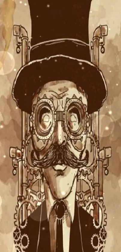 Vintage steampunk artwork with gentleman, top hat, and gears in brown tones.