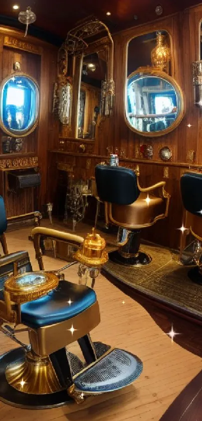 Steampunk barbershop with vintage chairs and wooden decor.