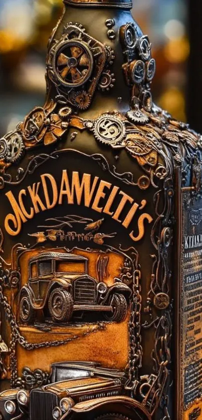 Steampunk-themed vintage bottle close-up.