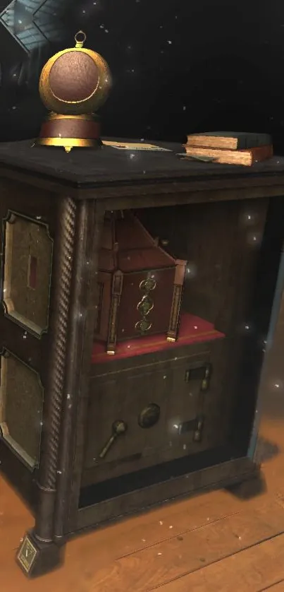 Vintage steampunk cabinet with books and metallic accents in a dimly lit room.