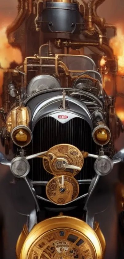 Steampunk vintage car with fiery elements and intricate design.