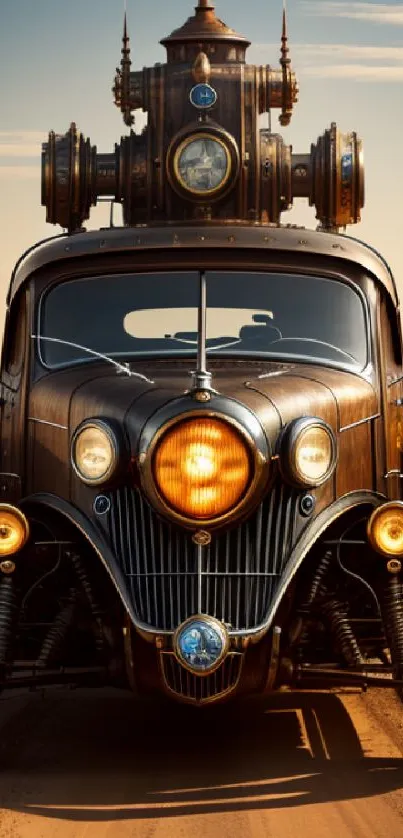 Front view of a vintage steampunk car on a sandy road in a desert setting.