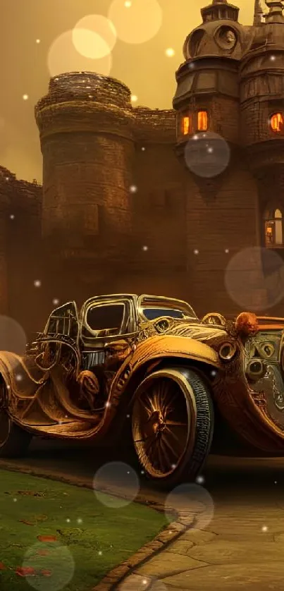 Steampunk car in front of a vintage castle with a dark, moody atmosphere.