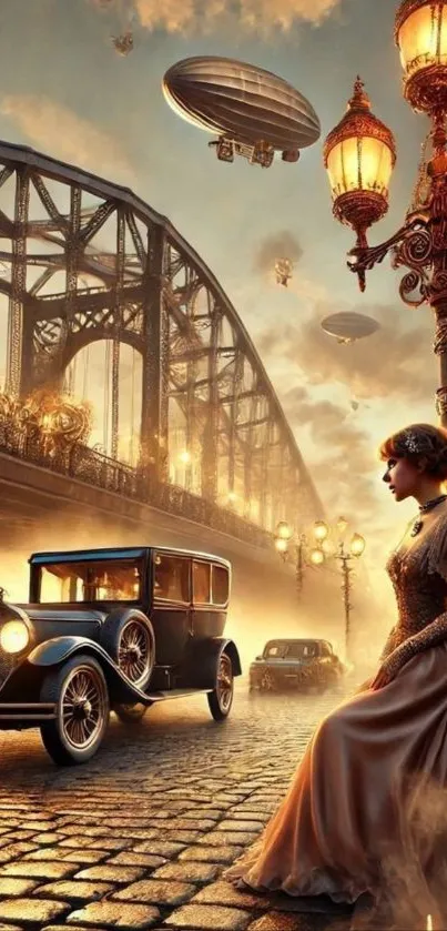 Steampunk cityscape with airships and vintage car