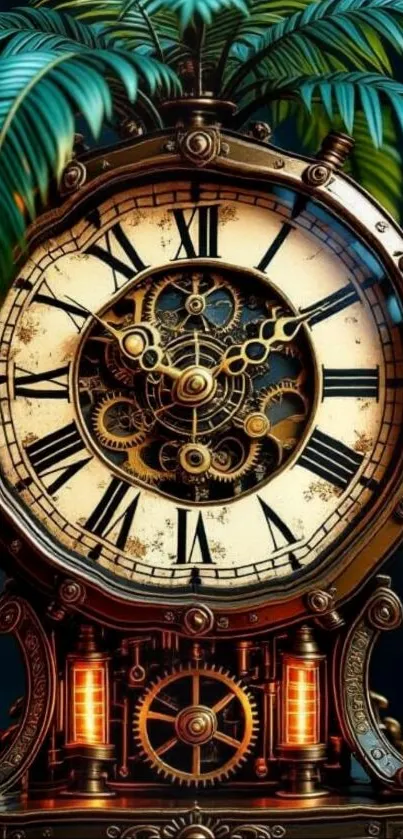 Vintage steampunk clock with intricate gears and foliage.